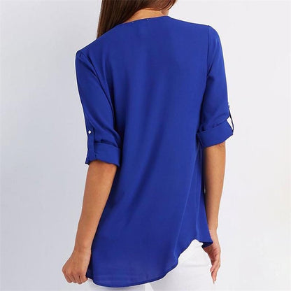 V Neck Loose Chiffon 3/4 Sleeve Zipper Blouse