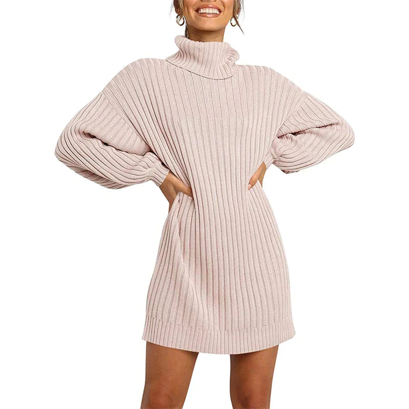 Hot Sale 50% OFF Women's Turtleneck Long Lantern Sleeve Loose Sweater Dress ( BUY 1 FREE SHIPPING)