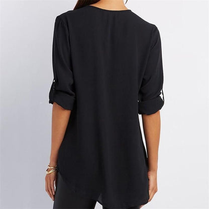 V Neck Loose Chiffon 3/4 Sleeve Zipper Blouse