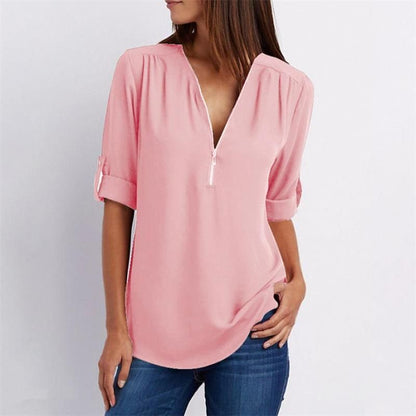 V Neck Loose Chiffon 3/4 Sleeve Zipper Blouse