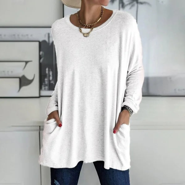 Women's Round Neck Long Sleeve Loose Pocket T-Shirt