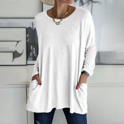 Women's Round Neck Long Sleeve Loose Pocket T-Shirt