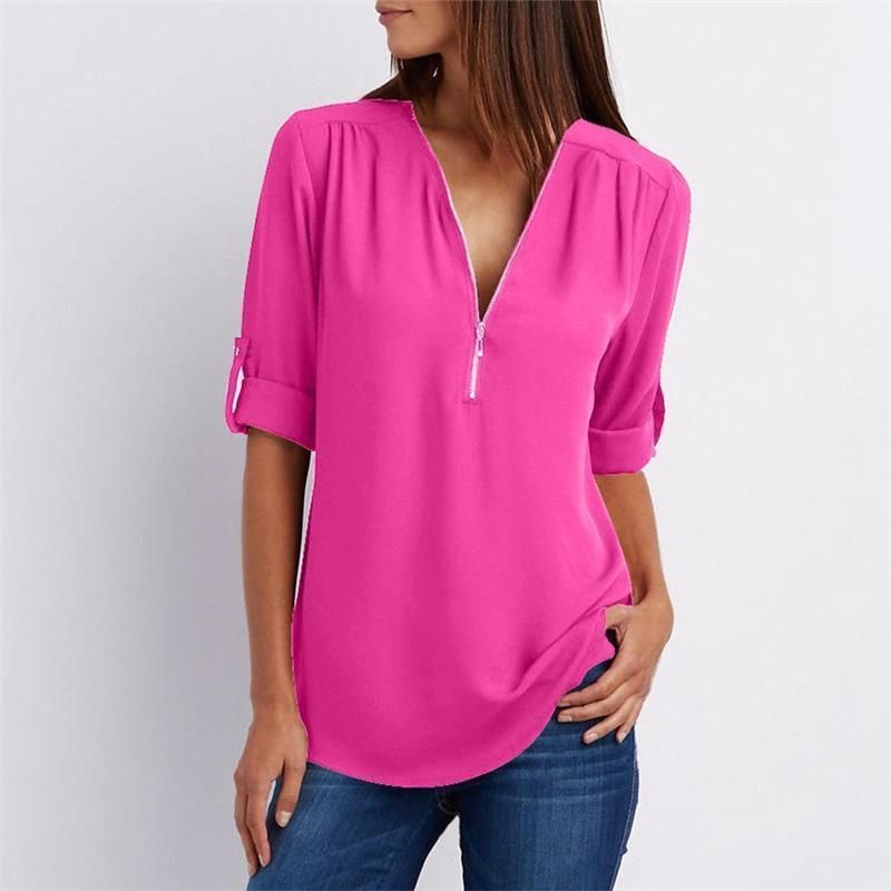 V Neck Loose Chiffon 3/4 Sleeve Zipper Blouse