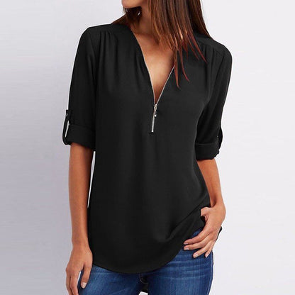 V Neck Loose Chiffon 3/4 Sleeve Zipper Blouse