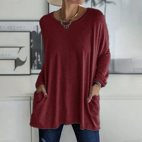 Women's Round Neck Long Sleeve Loose Pocket T-Shirt