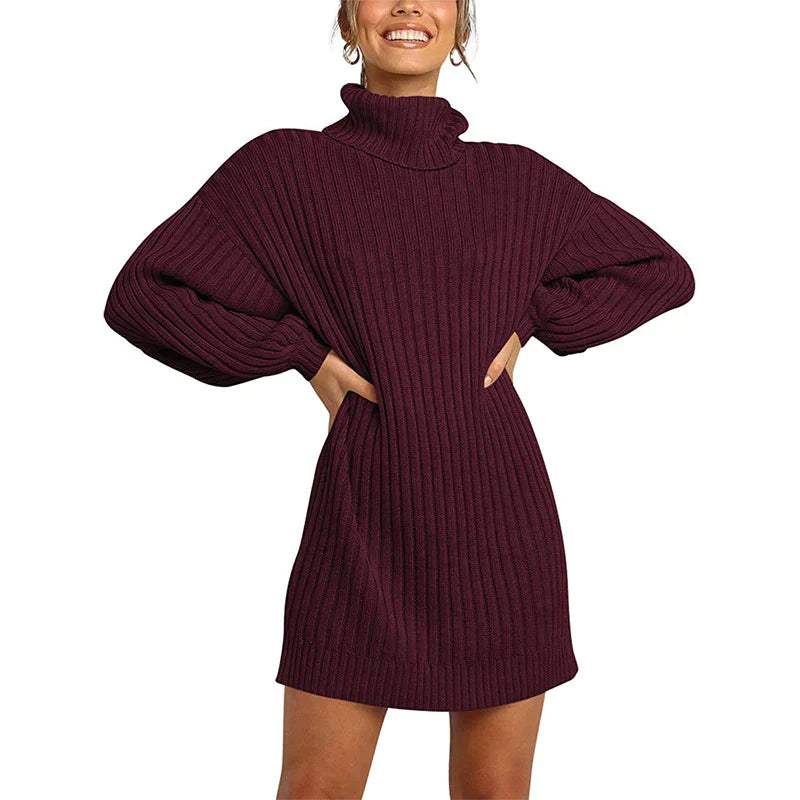 Hot Sale 50% OFF Women's Turtleneck Long Lantern Sleeve Loose Sweater Dress ( BUY 1 FREE SHIPPING)