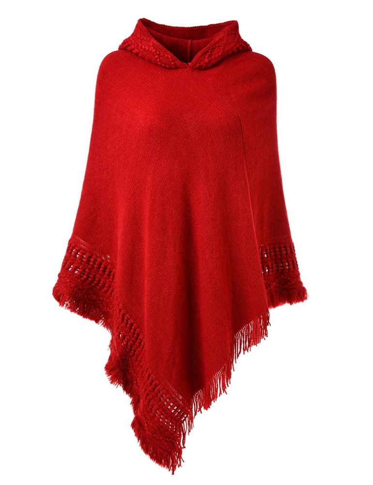 Ladies' Hooded Cape with Fringed Hem Crochet Poncho Knitting Patterns