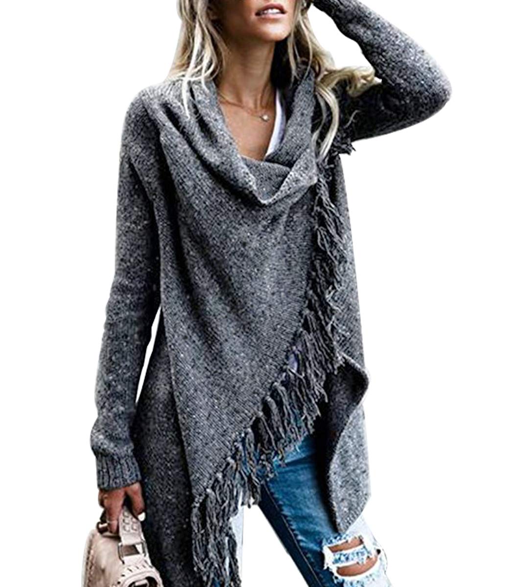 Women's Tassel Hem Sweater Long Cardigan Knitwer Pullover Poncho Coat