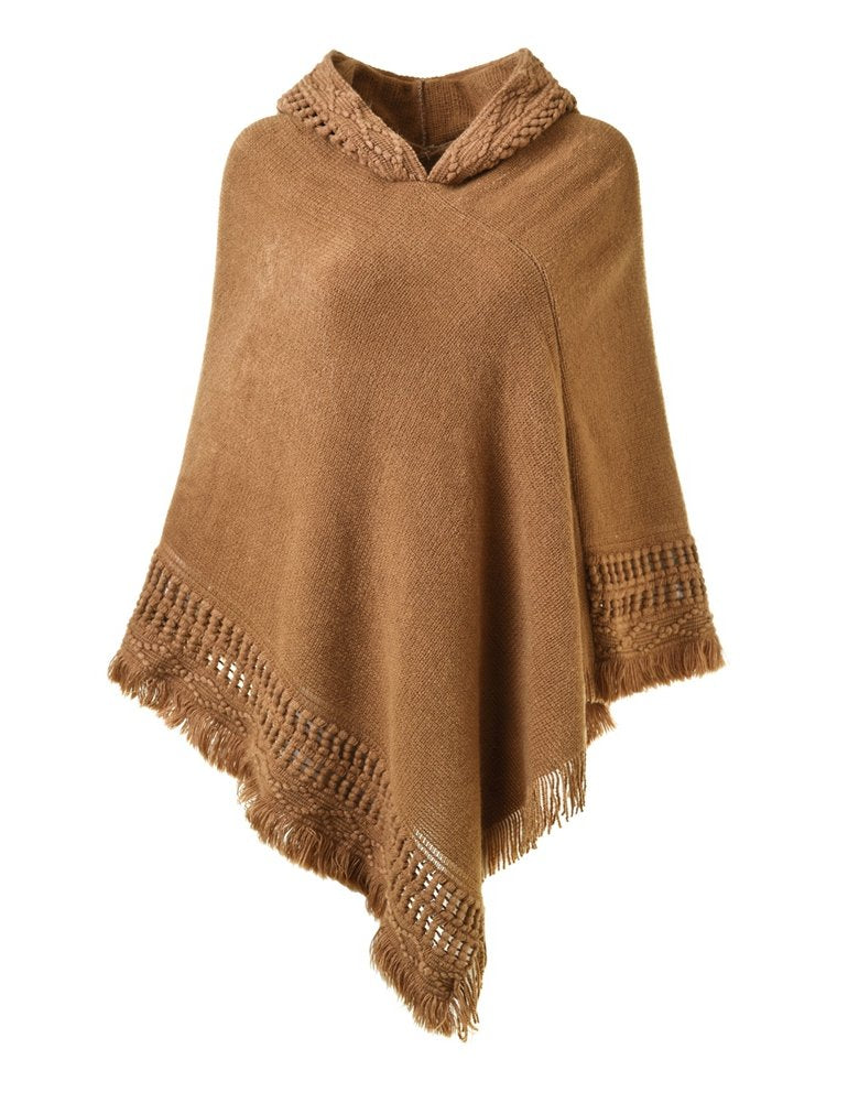 Ladies' Hooded Cape with Fringed Hem Crochet Poncho Knitting Patterns