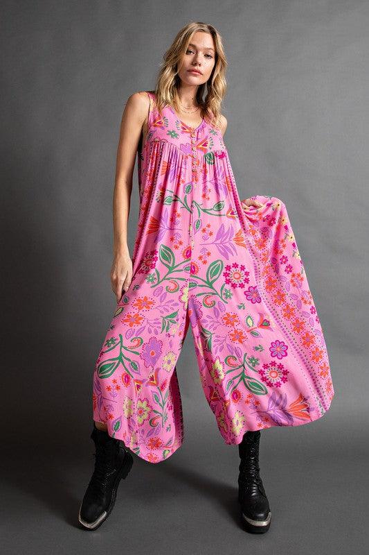 🌸Vintage floral print loose sleeveless jumpsuit👍2 Pcs FREE SHIPPING